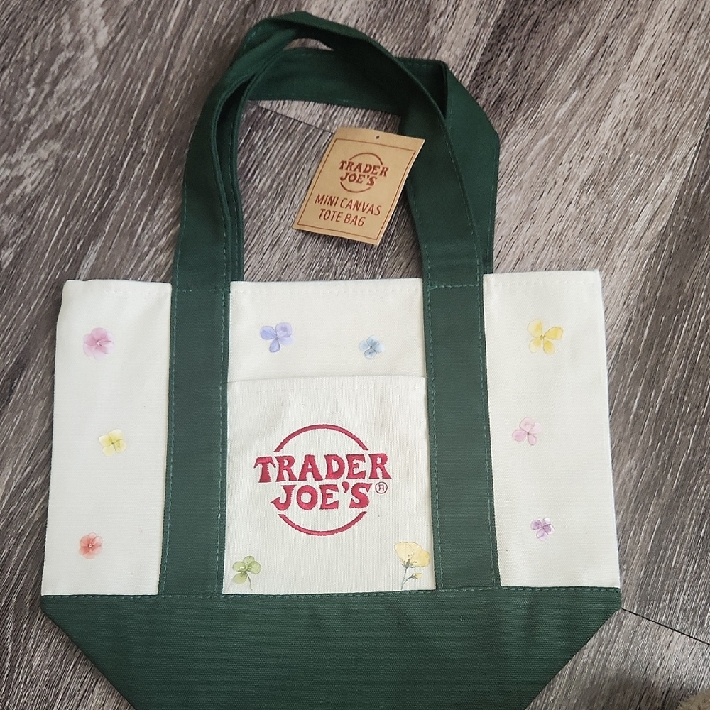 Trader Joe's Green Mini Tote Bag With Floral Design